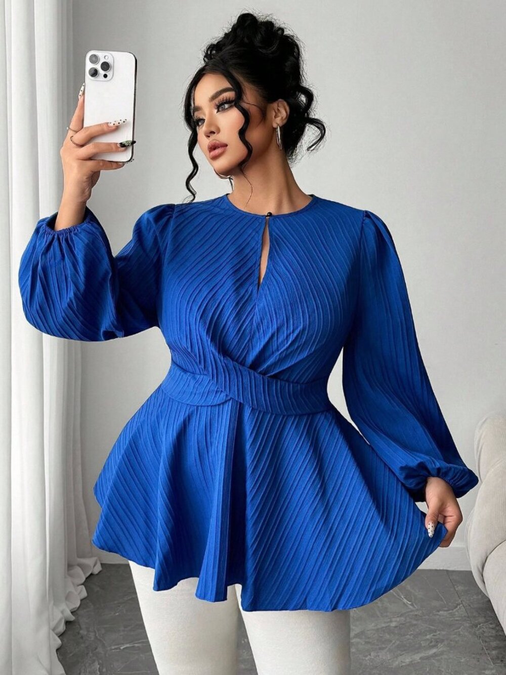 Elenzga Plus Blue Cinched-Waist Peplum Blouse